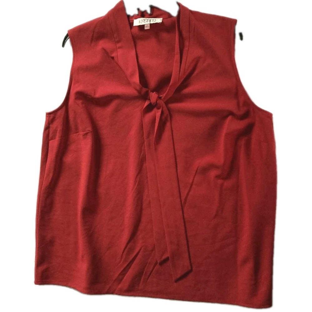 Kasper Blouse Womens 1X Red Tie Neck Sleeveless Stretch Basic Top Plus Size